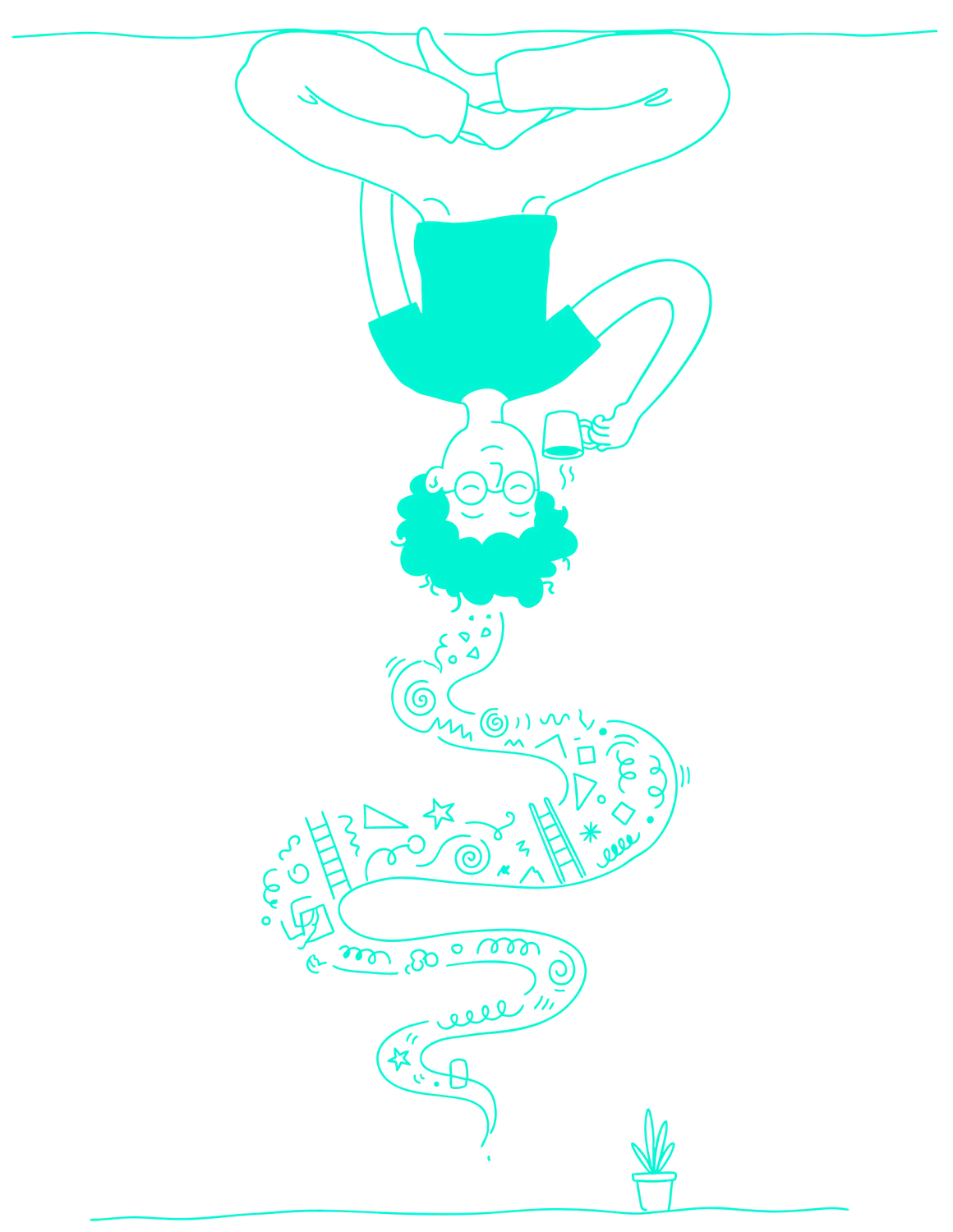 Line drawing of Ahmed hanging upside down, a trail of ideas pouring out of his head