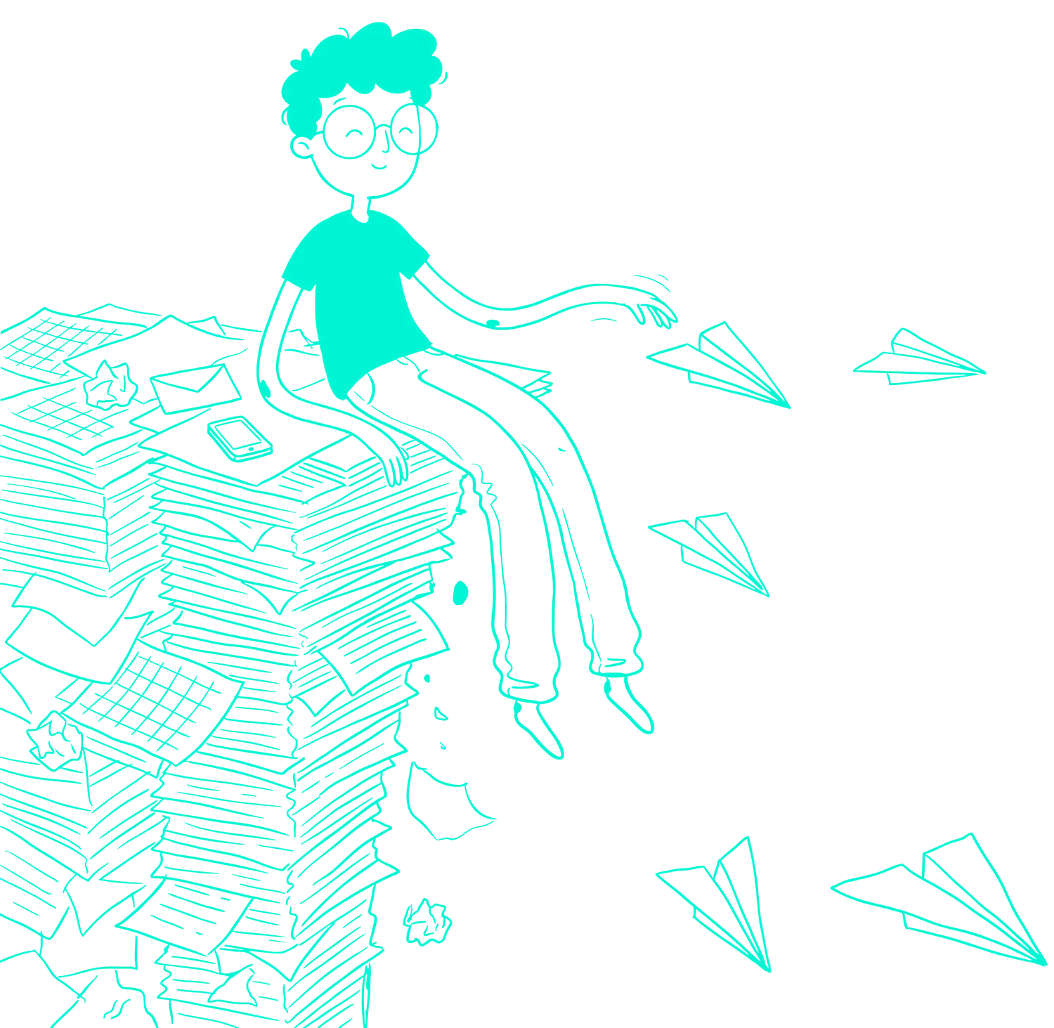 Line drawing of Ahmed sitting on a tall stack of papers, throwing paper planes