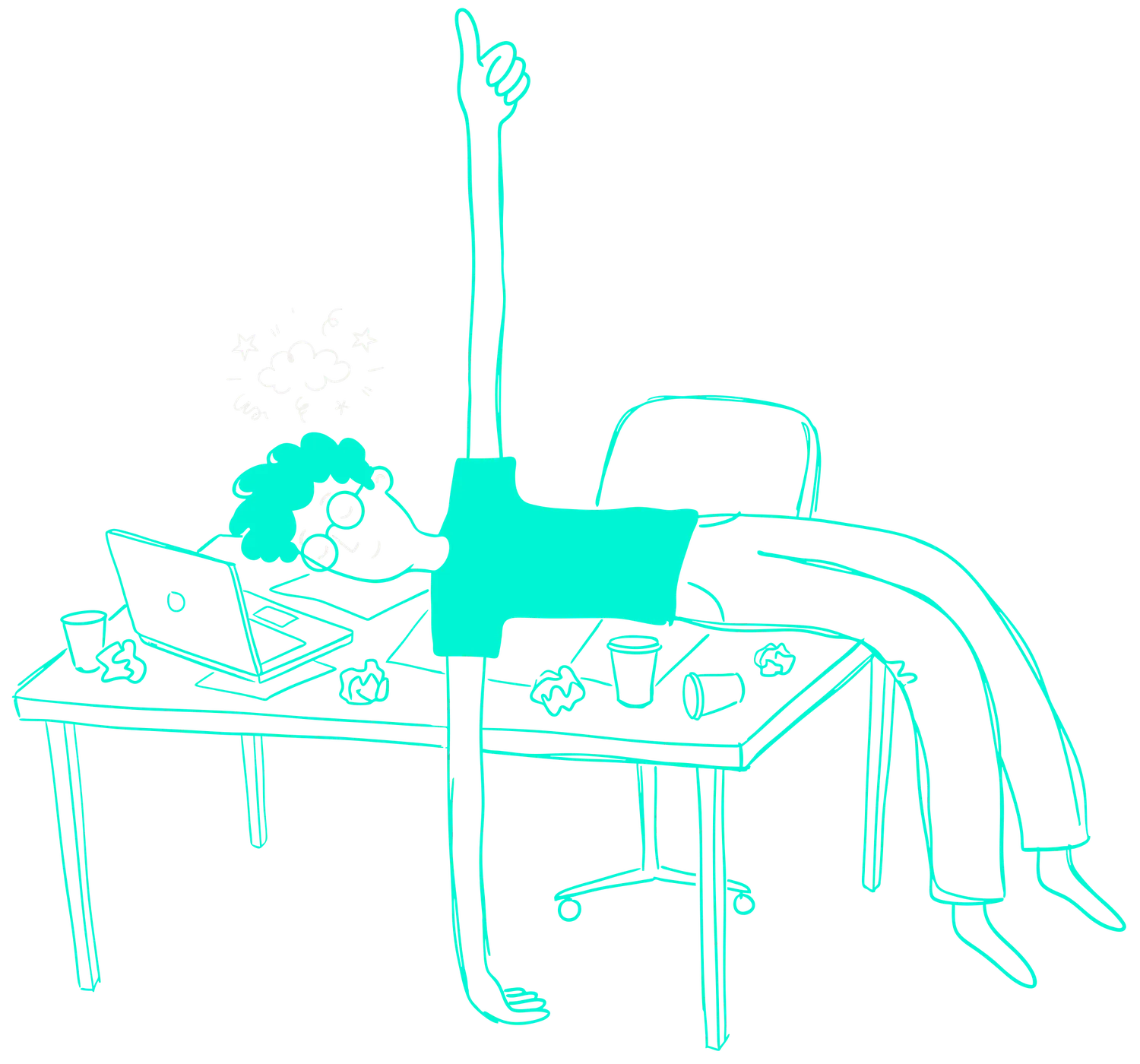 Line drawing of Ahmed slumped over his desk, one arm raised in a thumbs-up
