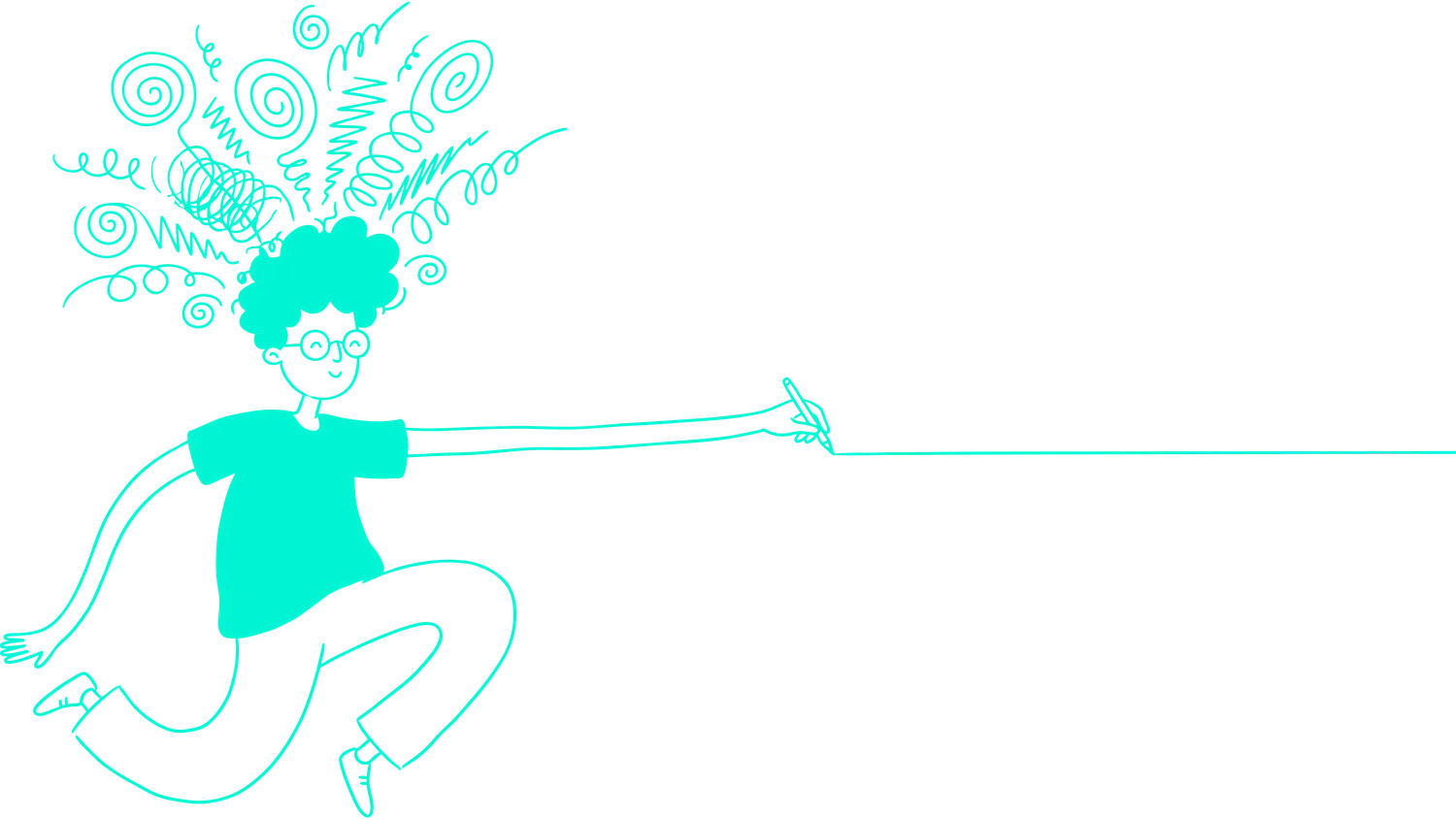 Line drawing of Ahmed leaping forward, scribbles bursting from his head, drawing a long line with a pen