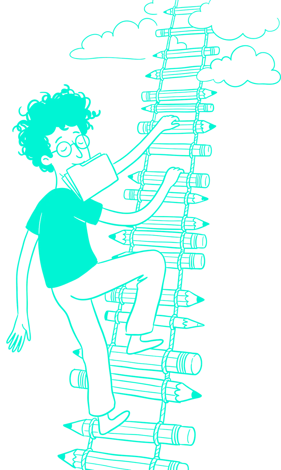 Line drawing of Ahmed climbing a ladder made of pencils into the clouds