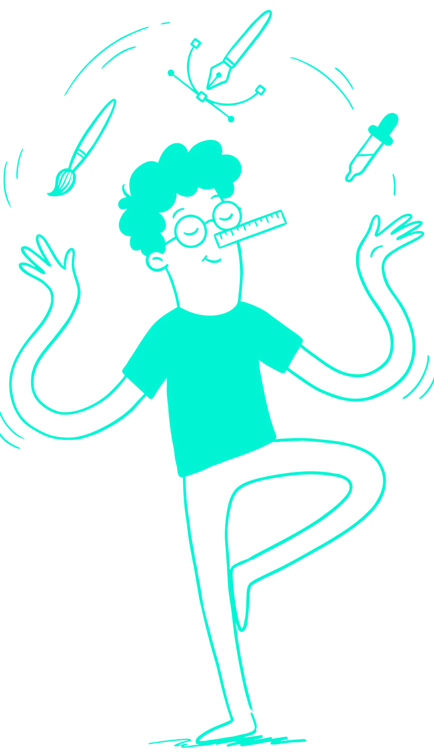 Line drawing of Ahmed juggling a brush, pen tool and colour picker